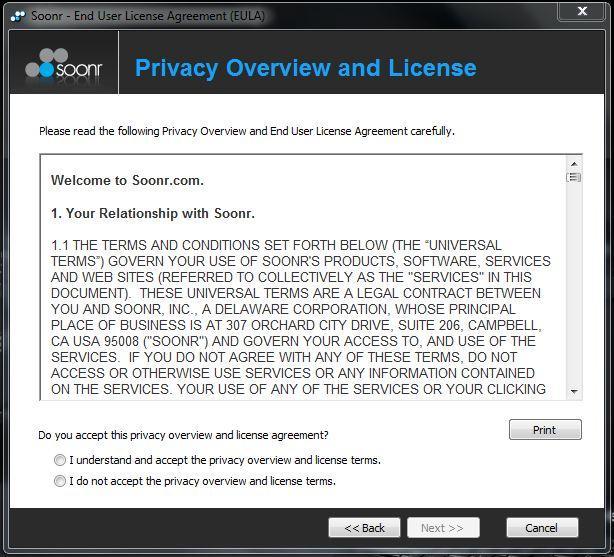 You will also be prompted to read and accept the Privacy Overview and End-User License Agreement (EULA), as depicted below.