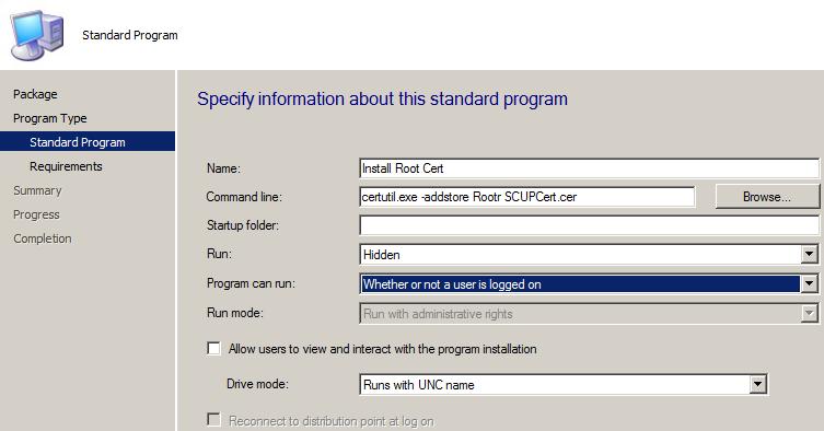 Deploy "SCUP 2011 Cert Root program" as this root program is running another program first (TrustedPublisher Cert). 6.