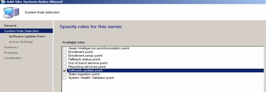 Software Update Point Site System Role Install and Configure a Software Update Point The software update point site system role must be created on a server that has WSUS installed.