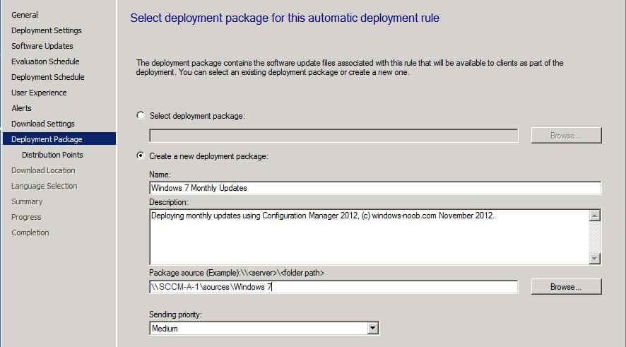 10. On the Deployment Package screen, select to create a new deployment package (as none will exist that we want to use).