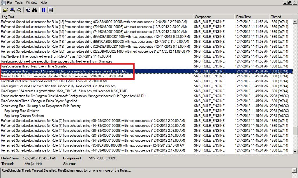Log file is located in E:\Microsoft Configuration Manager\Logs Open this log file in CMtrace and you'll see the following when the ADR runs on a schedule.