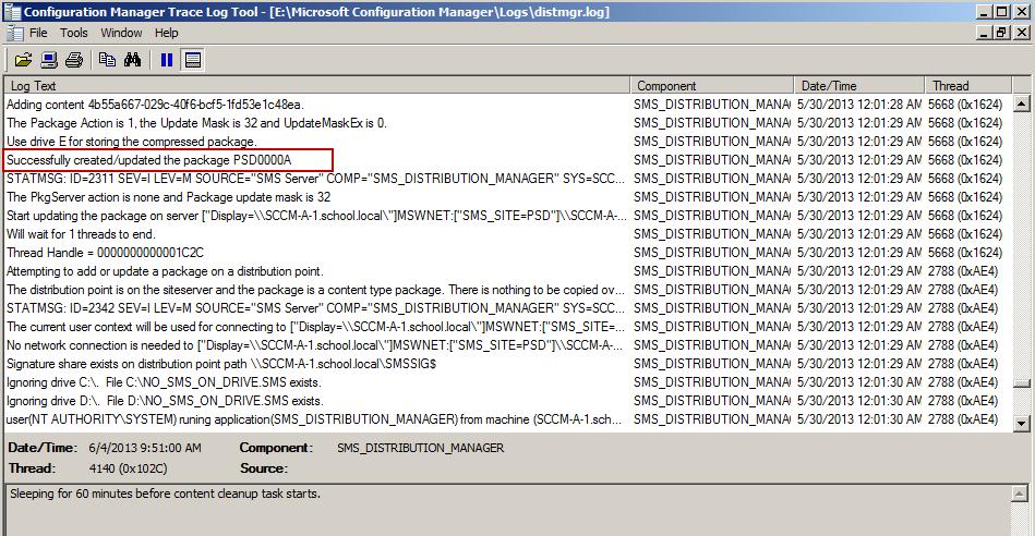 log file on CAS to review when the Deployment Package gets the updates added to it and then when it is distributed to the distribution point(s). Open the distrmgr.