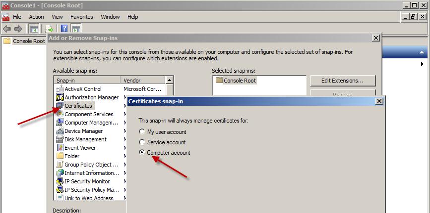 Export SCUP Certificate 1. Run MMC and add the Certificate Snap-In 2.