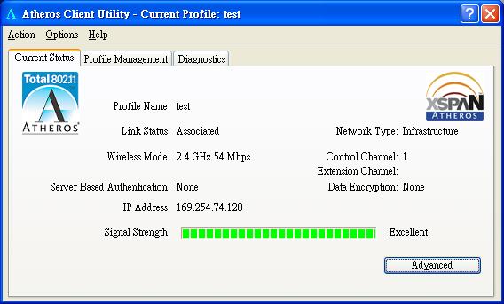 Current Transmit Rate Client Adapter IP Address Shows the current transmit rate in Mbps. Displays the IP address of the wireless adapter. Exit Exit the Atheros Client Utility application.