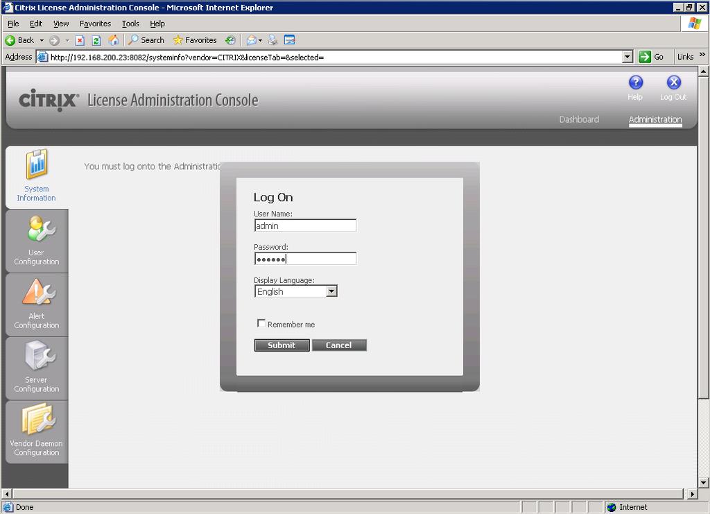 Using the License Administration Console for the First Time Using a web browser, navigate to the URL given to you on the final page of the License