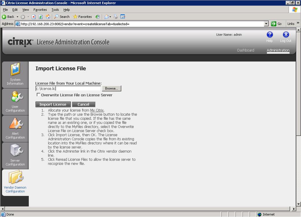 Click on the Vendor Daemon Configuration tab, and then Import License to add a license to this server.
