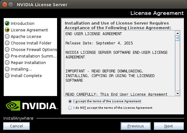 Installing the NVIDIA Virtual GPU Software License Server Figure 8 License Agreements on Linux 4.