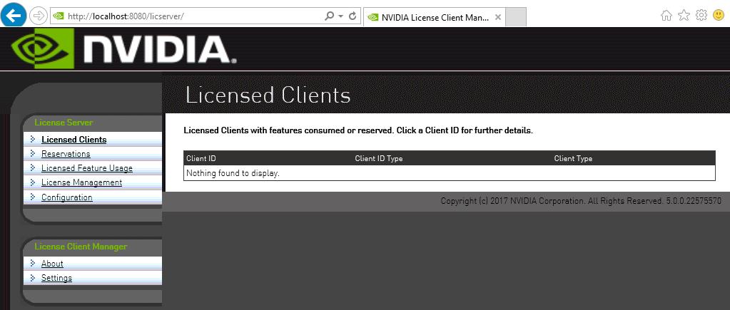 Managing Licenses on the NVIDIA Virtual GPU Software License Server Figure 13 License Server Management Interface If the management interface is not displayed, consult Management Interface Connection