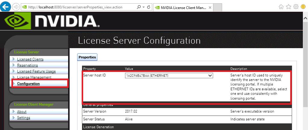 You will need this address to register your license server with the NVIDIA Licensing Center to generate license files. In the license server management interface, select Configuration. 2.