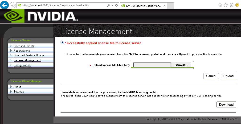 Back on the License Management page, click Upload to install the license file on the license server.