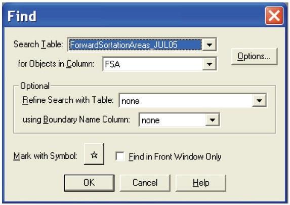Locating a Boundary This section describes how to locate a boundary using MapInfo Professional. It uses the location of an FSA boundary as an example. 1. Select FIND from the QUERY menu.