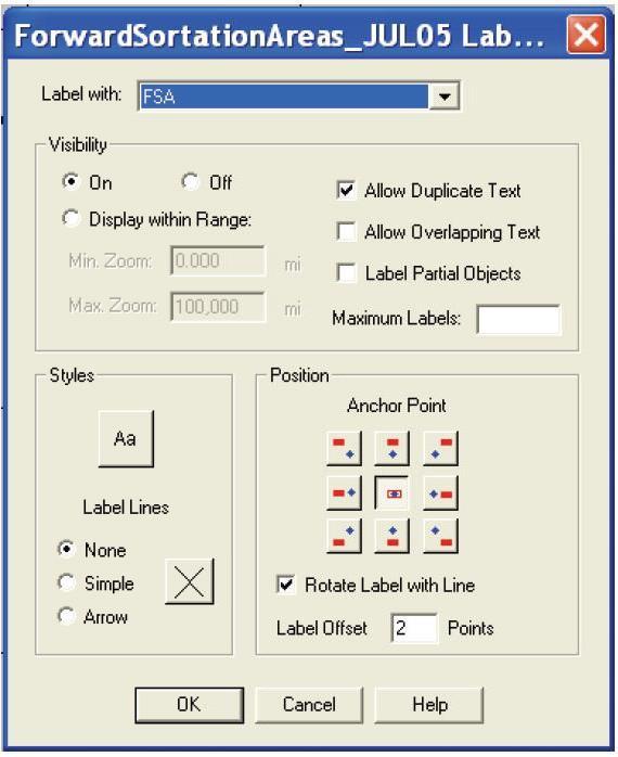 To change the label settings: 1. Select an FSA layer in the LAYER CONTROL dialog box, and click the LABEL button. The LABEL OPTIONS dialog box displays.