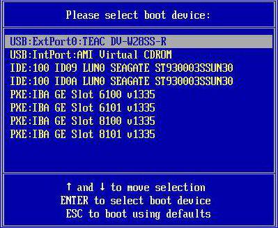 4. In the Boot Device menu, select either the external or virtual DVD device as the first (temporary) boot device, and then press Enter.