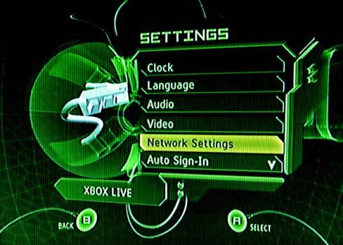 Figure 6-3: Xbox s Main Menu 2. On the SETTINGS screen, select Network Settings.