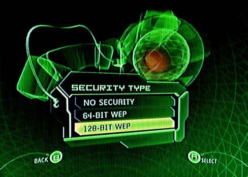 9. On the SECURITY TYPE screen, select the appropriate level of WEP encryption, 64-BIT WEP or 128-BIT WEP. Figure 6-11: Xbox s SECURITY TYPE Screen 10.