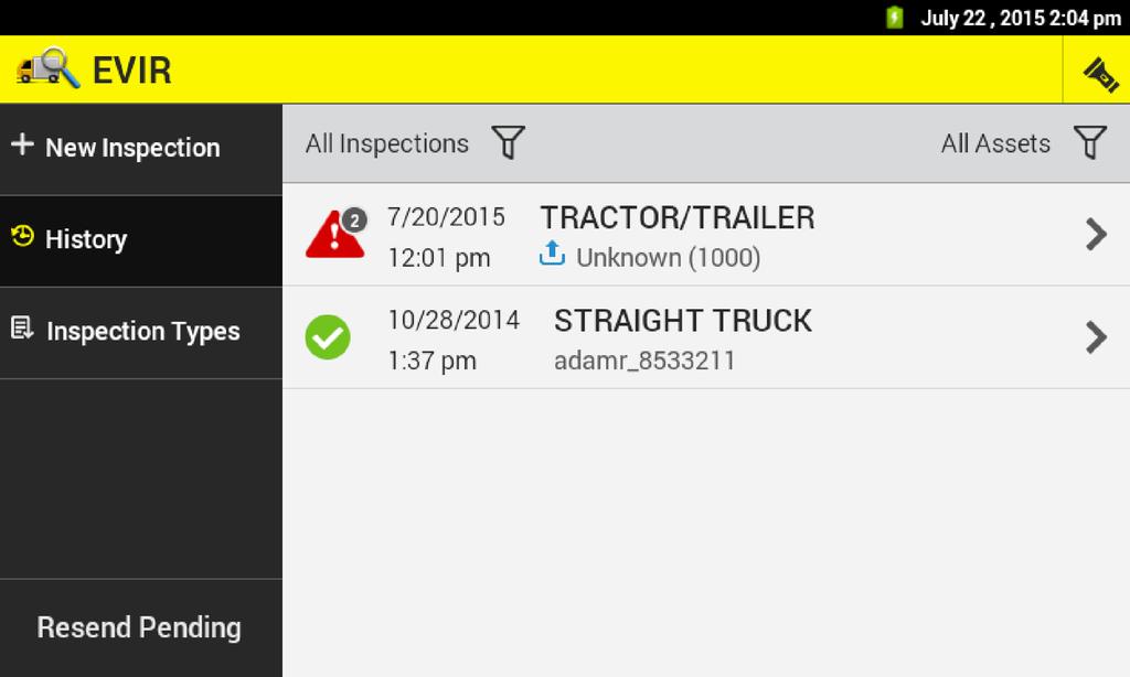How do I view the inspection history? From the EVIR application home screen, operator the History tab on the left side of the screen.
