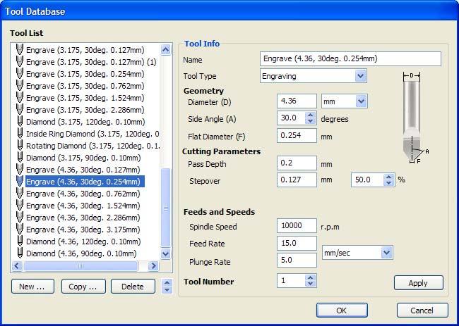 to the machine Quick Engrave parameters Click on the Select button to open the Tool Database and select the tool shown below.