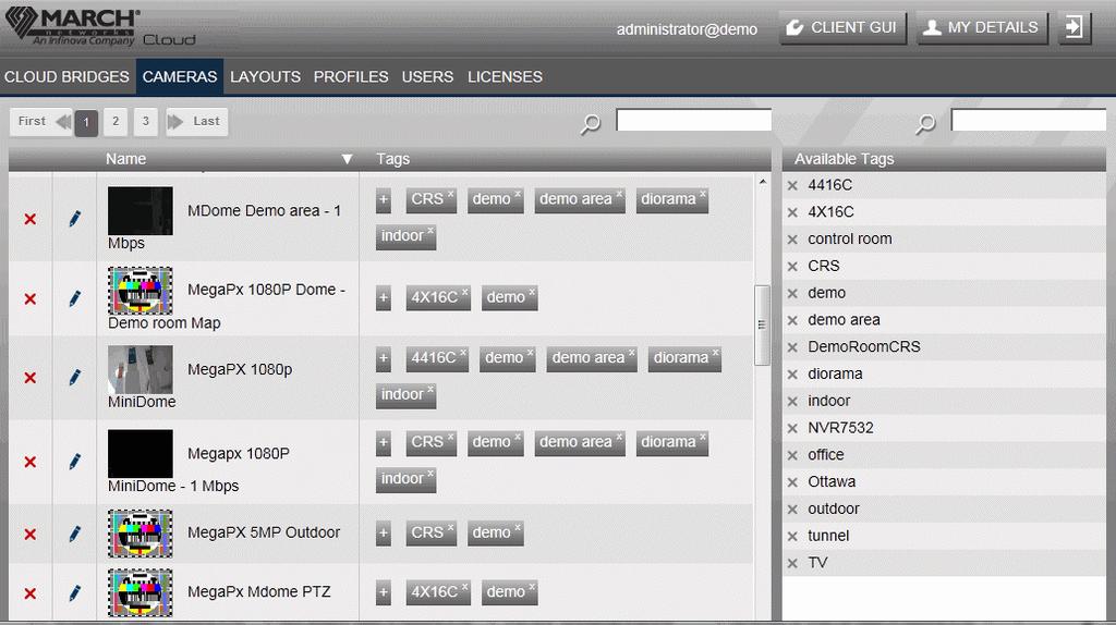 Cameras Page Cameras Page The Cameras tab shows all video stream information (video sources) handled by the Cloud service. You cannot add video sources directly to the Cloud.