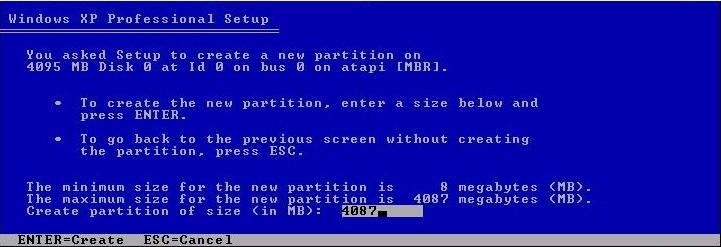 Enter the capacity you want for the new partition and press Enter.