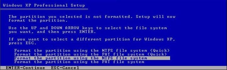 You will be given format options for the partition: NTFS, NTFS (Quick), FAT, and FAT (Quick). Only Windows XP gives the Quick format options.