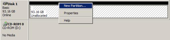 If the wizard is cancelled, you may find that when you attempt to create a partition on the new hard disk, the New Partition option is unavailable (appears dimmed).