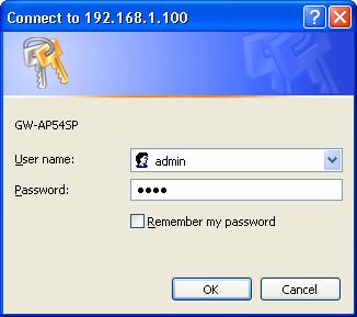 This address is the factory set IP Address of your GW-AP54SP. Press Enter. The Login Screen will appear. Type the admin (default user name) in the User name field.