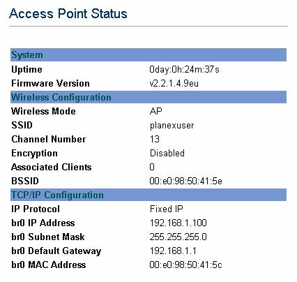 4.3 Status In this screen, you can see the current settings and status of this Access Point. You can change settings by selecting specific tab described in below. 4.3.1 System System Uptime The time period since the device was up.
