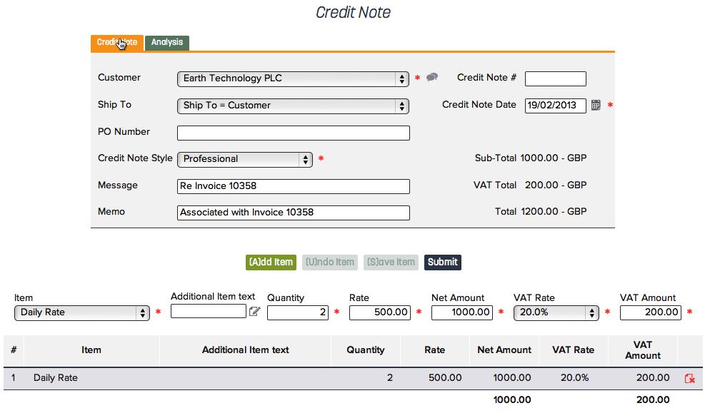 Credit Note Tab Select the Customer from the dropdown list or Create Customer to enter the details for a new one. Make sure that a duplicate customer is not being created.