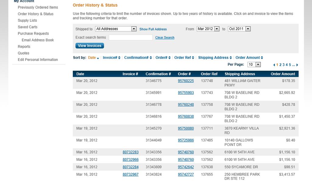 Reviewing Order History & Status View and search order invoices within the My Account area. Select Order History & Status from the My Account drop-down menu on any page of the website.