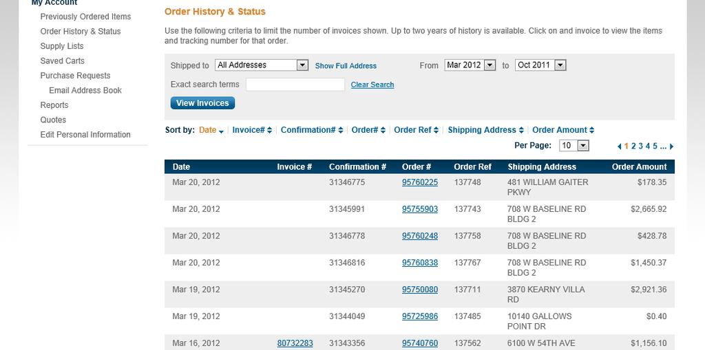 Reviewing Order History & Status, cont. 6. Click View Invoices to show a list of invoices within the selected date range.