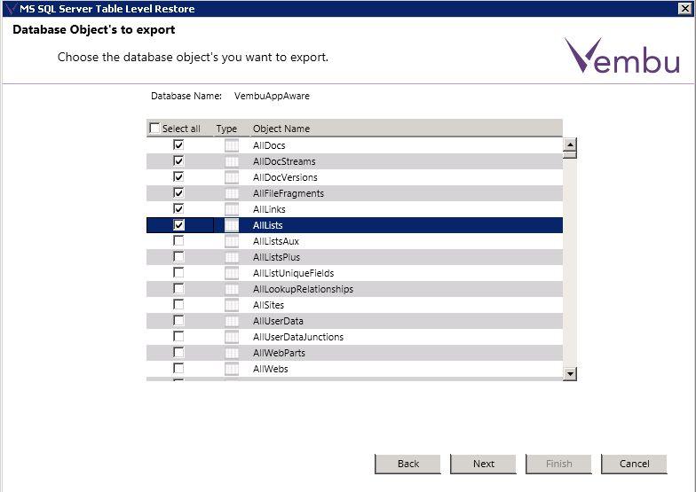 Database objects to export This wizard is populated by database objects present in the given database file. Select the database objects to export.