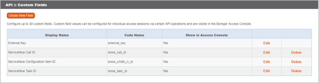 Create custom fields Bomgar custom fields are used to map ServiceNow Tasks (incidents, change requests, problem records, and service catalog requests) and Configuration Items to Bomgar access
