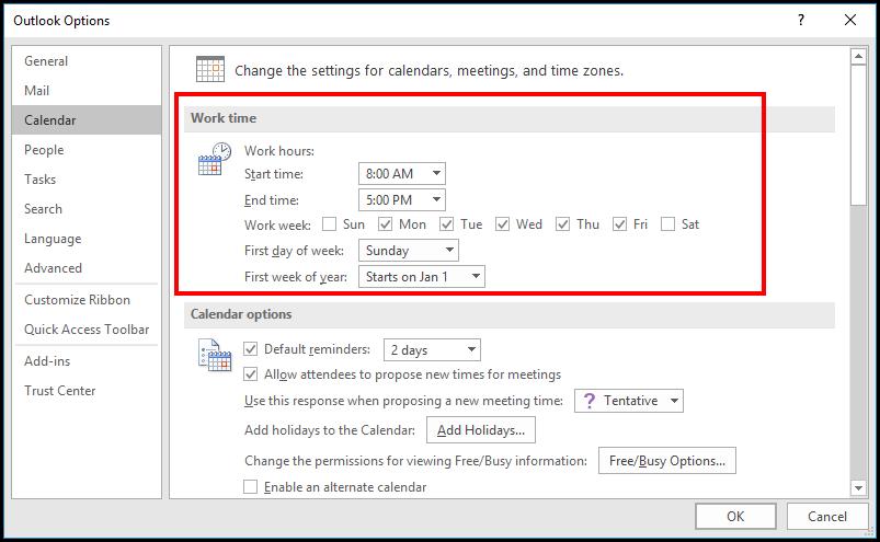 so when someone tries to schedule a meeting, that time will be shown as not available Format Work Week Settings You may set up your Calendar to show your actual work hours.