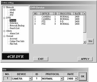 DEVICE Press the button to enter the system setting page. 1. Select the desired channel of the installed external device. Press Edit to enter the setting box. 2.