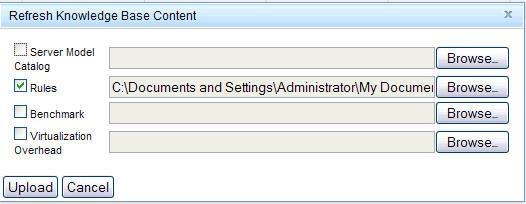 Figure 63. Refresh Knowledge Base Content window 3. Select the Rules checkbox. In the corresponding field, enter the path of the CSV file that contains the rules. 4. Click Upload.