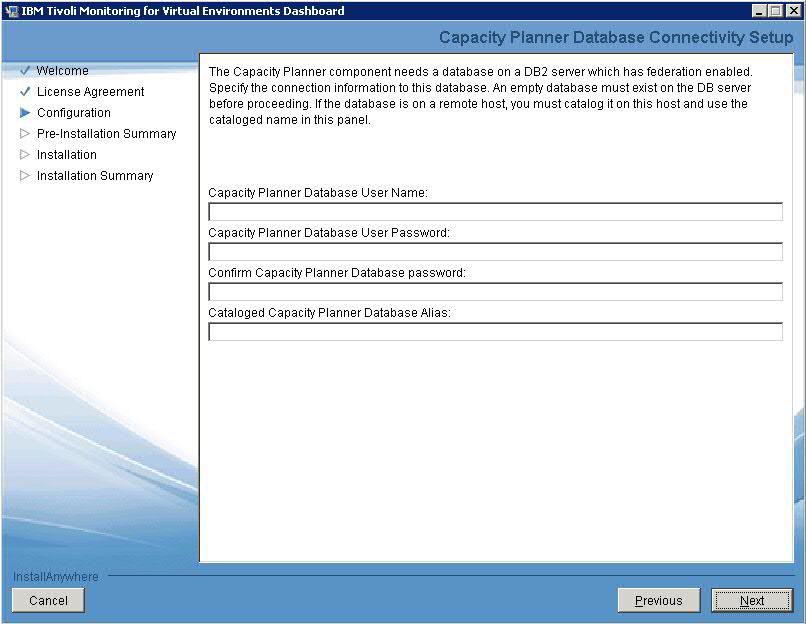 Figure 10. Capacity Planner Database Connectiity Setup page b. On the Capacity Planner Database Schema Creation page, complete the fields with the database administrator information.