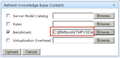 Figure 12. Refresh Knowledge Base Content window 3. Select Benchmark. In the corresponding field, enter the path of the CSV file that contains the benchmark. 4. Click Upload.