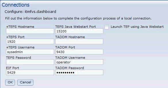 Figure 13. Connections page to configure itmfs.dashboard 5. Click OK to sae the connection configuration to the Dashboard and return to the Connections table. 6.