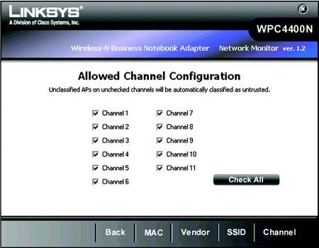 Allowed Channel Configuration The Allowed Channel Configuration screen shows the channels that are allowed to be used in your wireless networks.