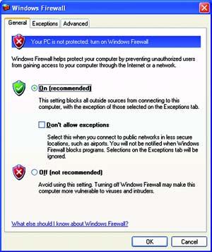 Windows Firewall Windows XP users may see a Windows Firewall screen when using the security monitor.