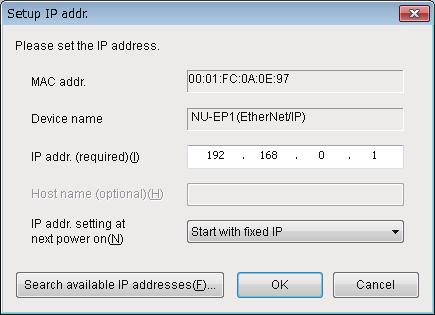 2-4 Configuring with NU-EP1 2 Point The network status indicator (NS) must be off (IP address not assigned) to display "Not Set" for the IP address.