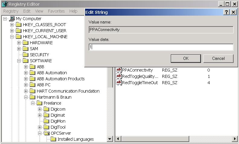 Section 3 Basic Settings Windows Registry 4. Select My Computer > HKEY_LOCAL_MACHINE > SOFTWARE > Hartmann & Braun > Freelance > OPCServer Figure 19. Registry Editor 5.
