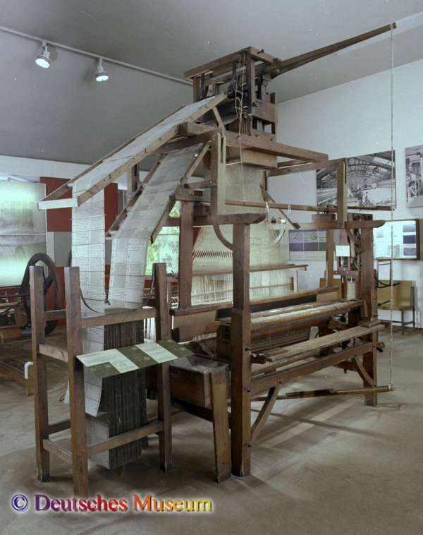 Invented (1801) punched wooden card loom.