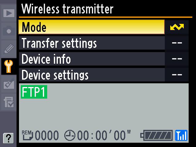 6: Connect to the ftp Server 6-4 Return to the wireless transmitter menu and turn the WT-4 on. The profile name will be highlighted in green when a connection is established.