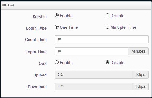 70 4-4-2 Guest If enabled, the administrator can set guest count limit / login time, type and flow control Service: Login Type: Enable/Disable One Time: