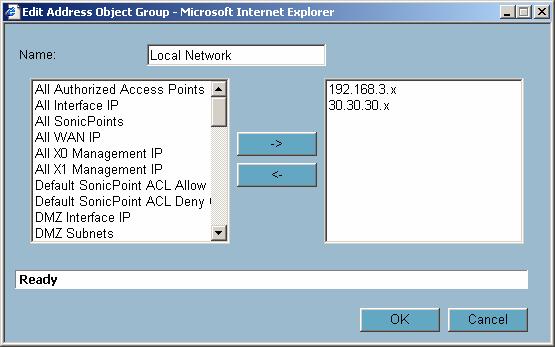 4. Create an Address Group for the Local Network. Select Network->Address Objects. The top part of the screen contains Address Groups.