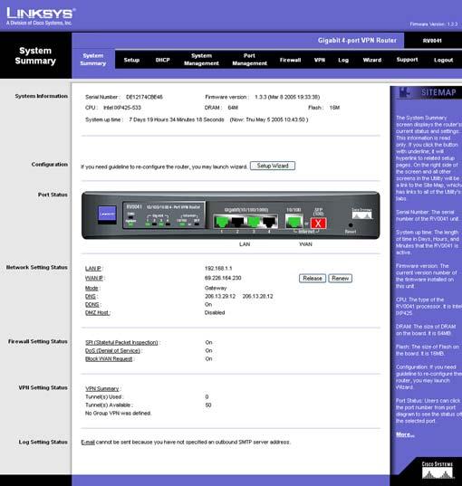 Figure 5-1: Router s IP Address System Summary Tab The first screen that appears is System Summary Tab. This screen displays the Router s current status and settings. This information is read-only.