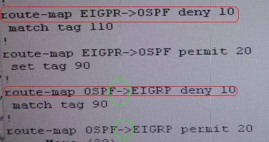 From above snap shot it clearly indicates that redistribution done in EIGRP is having problem & by default all routes are denied from ospf to EIGRP so need to change route-map name.