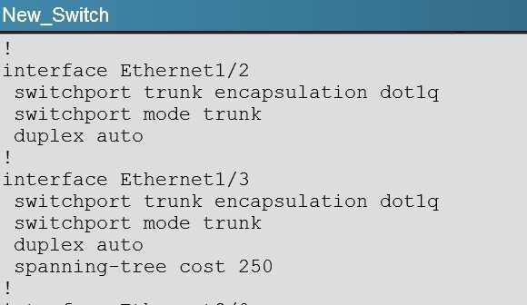 Correct Answer: D Section: [none] Explanation Explanation/Reference: Explanation: Here is the configuration found on the New_Switch: This causes the port cost for link eth 1/3 to increase the path