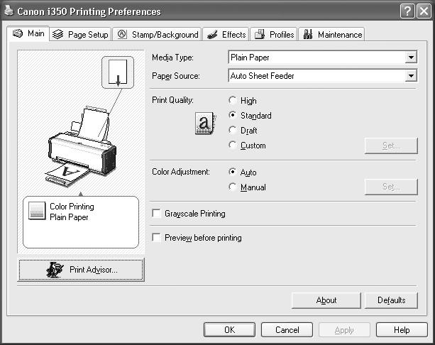 Basic Print Settings For the best print quality, specify the minimum requirement settings in the Main tab.